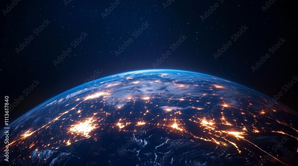 Obraz premium Stunning view of Earth illuminated at night from space showcasing cities and landscapes