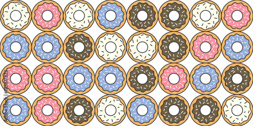 Pattern with donuts of different flavors and toppings. Wallpaper vector