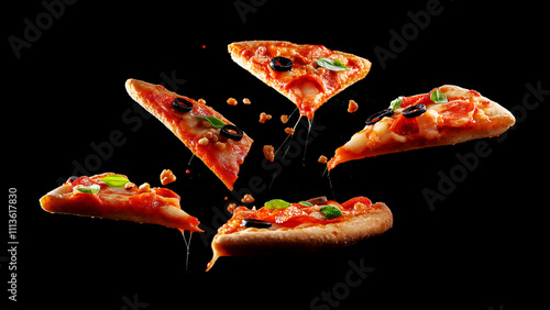 Flying slices of tasty pizzas levitation isolated on bla\ack background. photo