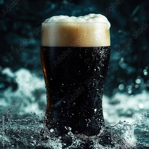 Frothy dark beer in pint glass with water splash.
