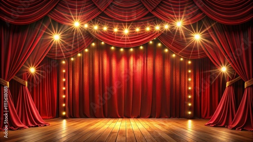 Theater stage with red velvet curtains and bright lights overhead, theater, stage, performance, drama, spotlight