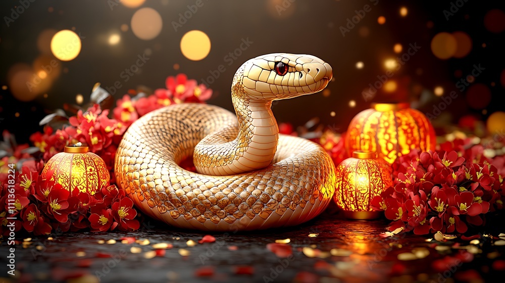 Golden snake coiled amidst red flowers and lanterns. Golden snake coiled amidst red flowers and lanterns.