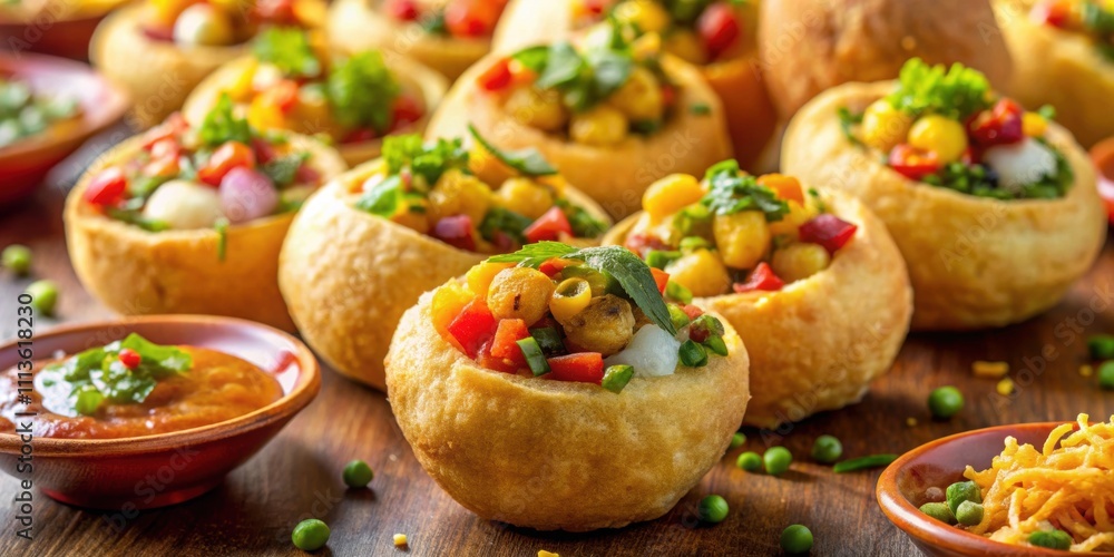 Close-up of delicious and colorful panipuri with spicy and tangy fillings , Indian, street food, snack, chaat Close-up of delicious and colorful panipuri with spicy and tangy fillings , Indian, street food, snack, chaat