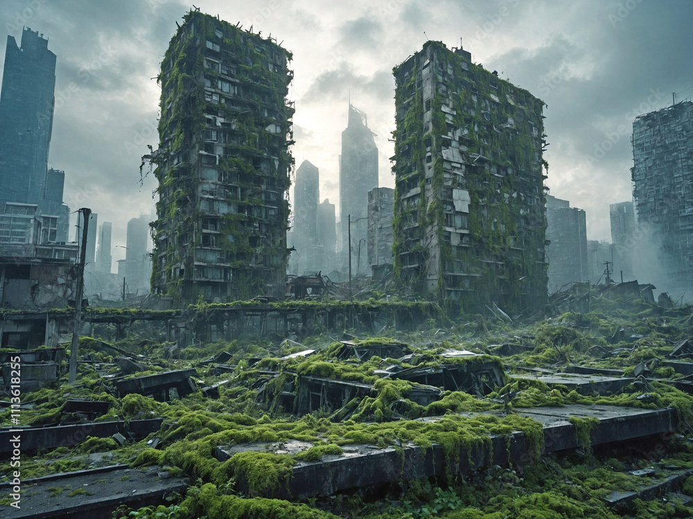 A futuristic abandoned city with massive skyscrapers now covered in moss and creeping vines. A futuristic abandoned city with massive skyscrapers now covered in moss and creeping vines.