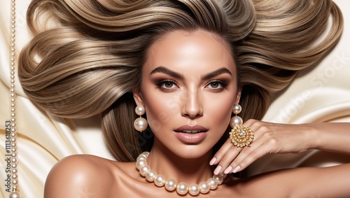 A stunning woman with a voluminous hairstyle, adorned with gold pearl jewellery, flaunts her long, luscious locks and showcases a flawless beauty makeup look