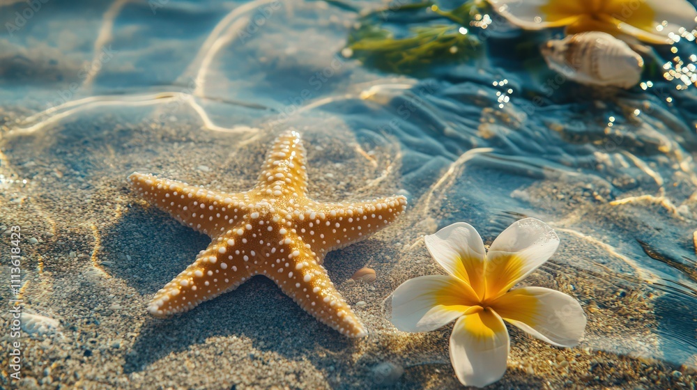 Starfish and flower on the summer beach in sea water. Summer background. Starfish and flower on the summer beach in sea water. Summer background.