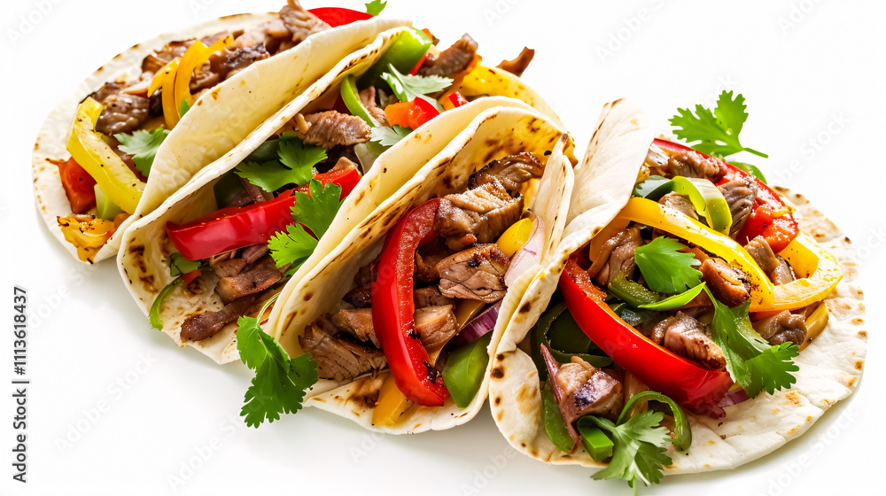 Fajitas: Sizzling fajitas with grilled strips of meat, bell peppers, onions, and tortillas on a white background. Fajitas: Sizzling fajitas with grilled strips of meat, bell peppers, onions, and tortillas on a white background.