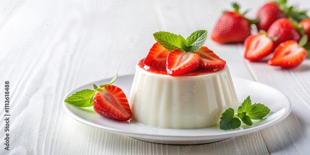Panna cotta Italian dessert with fresh strawberries on a white background, Panna cotta, Italian dessert, strawberries Panna cotta Italian dessert with fresh strawberries on a white background, Panna cotta, Italian dessert, strawberries