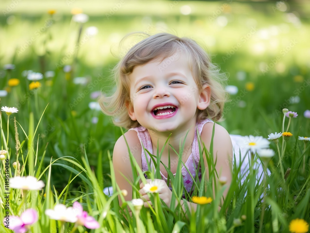 Adorable young child with a beaming smile, surrounded by blooming flowers in a sunny meadow at the park, carefree, child Adorable young child with a beaming smile, surrounded by blooming flowers in a sunny meadow at the park, carefree, child