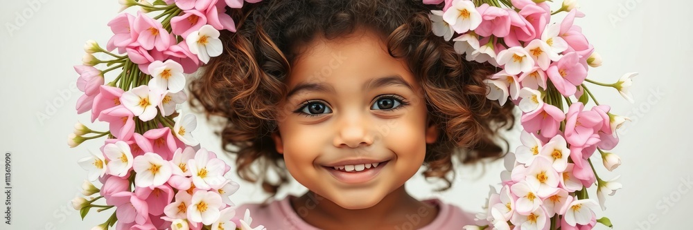 Adorable young child with curly hair and pink flower wreath, smiling happily, fresh, bloom Adorable young child with curly hair and pink flower wreath, smiling happily, fresh, bloom