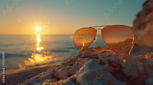 Wallpaper Mural Sunglasses resting on a rock at sunset by the beach, reflecting the vibrant colors of the sky. Torontodigital.ca