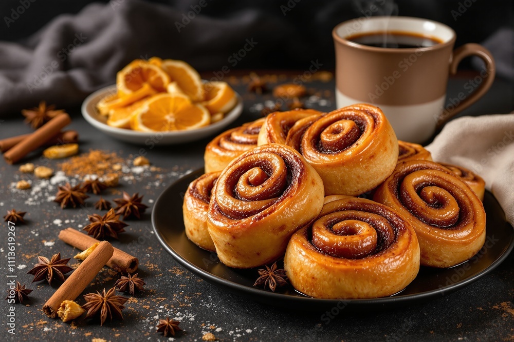Freshly Baked Cinnamon Rolls with Coffee and Citrus Accents on a Dark Table Freshly Baked Cinnamon Rolls with Coffee and Citrus Accents on a Dark Table