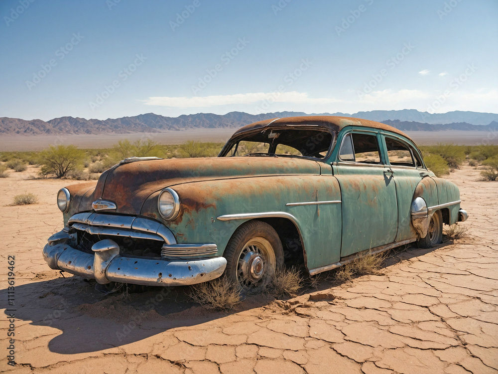 Classic 1950s car, its paint faded and body covered in rust, abandoned in an arid desert. Classic 1950s car, its paint faded and body covered in rust, abandoned in an arid desert.