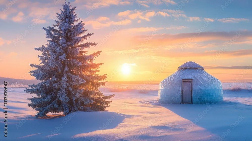 Winter landscape ice yurt and spruce tree against bright sunset sky. Winter landscape ice yurt and spruce tree against bright sunset sky.