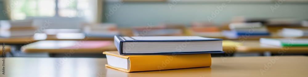 Stack of books on desk in empty classroom, concept of education and learning Stack of books on desk in empty classroom, concept of education and learning
