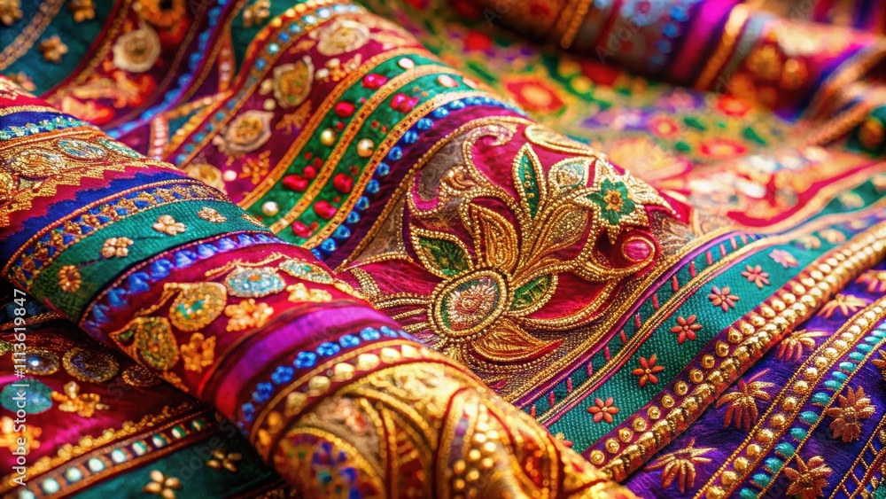 Close up of intricate Indian silk sari design with vibrant colors and detailed patterns , Indian, silk, sari Close up of intricate Indian silk sari design with vibrant colors and detailed patterns , Indian, silk, sari