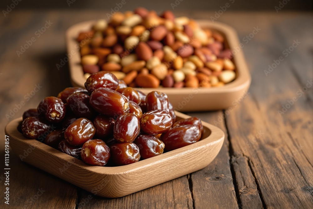 Assorted Dried Fruits and Nuts in Wooden Bowls on Rustic Table Assorted Dried Fruits and Nuts in Wooden Bowls on Rustic Table