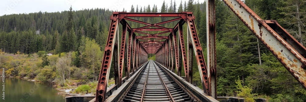An eerie, abandoned railroad bridge covered in rust and surrounded by dense forest, spanning a river below, abandoned, old An eerie, abandoned railroad bridge covered in rust and surrounded by dense forest, spanning a river below, abandoned, old