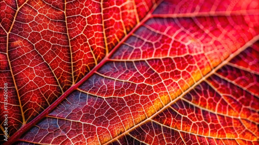 Obraz premium Close-up macro photo of red autumn leaves with veins, stains, and textures, perfect for seasonal backgrounds, autumn