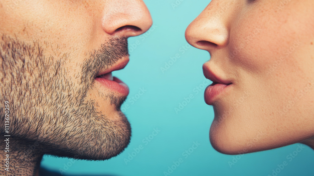 Obraz premium Closeup of a man and woman mouth whispering to each other secrets and gossips without social distance