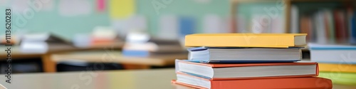 Stacked colorful books in classroom, education concept, space for text