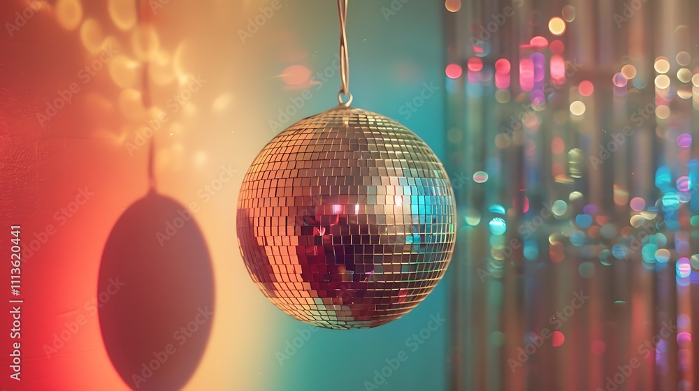 Obraz premium A shiny disco ball hanging against a colorful backdrop