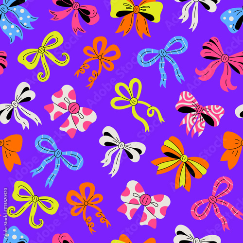Festive Seamless Pattern with colorful decorative Bows. Vibrant celebratory background with tied ribbons and knots. Hair accessory, gift packaging hand drawn slat style. Vector illustration