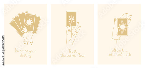 Tarot Cards Posters Set with Quotes. Woman hand gestures holding prediction tools with handwritten text. Esoteric banners. Vector illustration