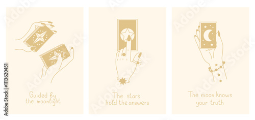 Tarot Cards Posters Set with Inspirational Text. Esoteric occult postcards and banners with motivational quotes in bohemian style. Golden color line art. Vector illustration