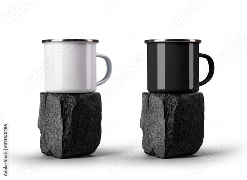 Mockup of white, black enamel mug with chrome rim on burnt square wooden beam, metal cups for design, branding. Set. photo