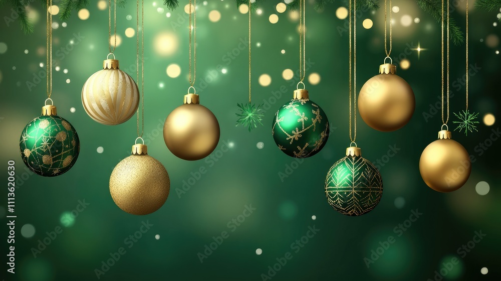 Festive Christmas ornaments hang against a blurred green background, creating a holiday atmosphere. Festive Christmas ornaments hang against a blurred green background, creating a holiday atmosphere.