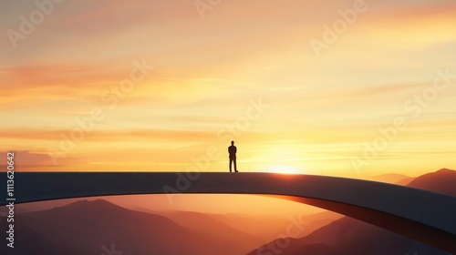 person standing on bridge at sunset, surrounded by mountains