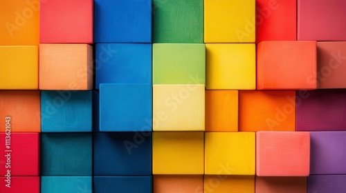 Colorful wooden blocks arranged in vibrant pattern, creating playful atmosphere