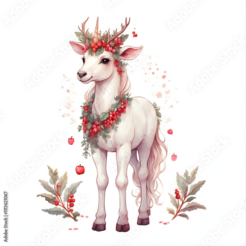 A unicorn deer in a wreath of mistletoe branches photo