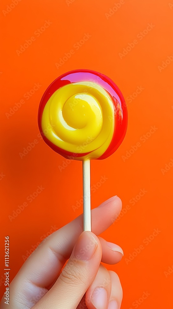 Person is holding a colorful lollipop with a yellow and red swirl. The lollipop is placed on a red background, creating a vibrant and playful atmosphere Person is holding a colorful lollipop with a yellow and red swirl. The lollipop is placed on a red background, creating a vibrant and playful atmosphere