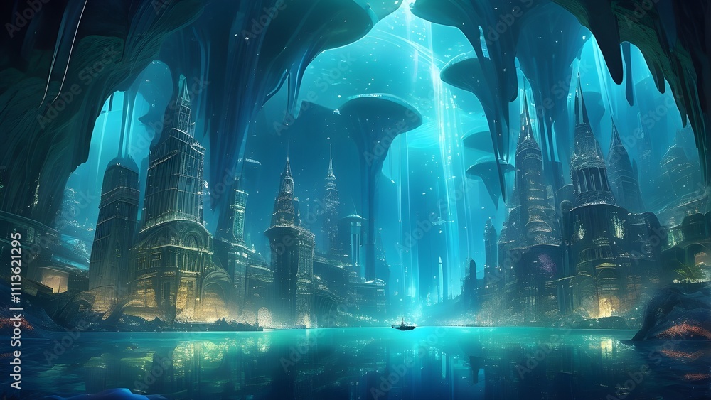 Underwater City in a Crystal Cavern blue and green color with small boat Underwater City in a Crystal Cavern blue and green color with small boat