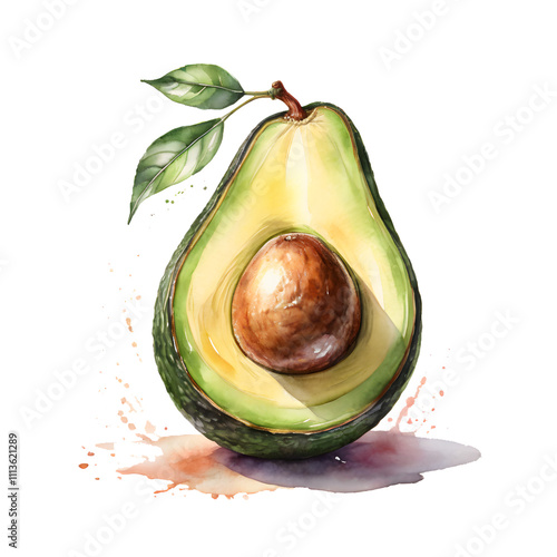 Avocado illustration in watercolor style. Isolated, Cut Out, PNG