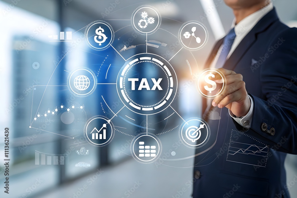 Professional Businessman Interacting with Dynamic Tax Icons and Symbols in a Modern Office Environment to Represent Financial Management and Services Professional Businessman Interacting with Dynamic Tax Icons and Symbols in a Modern Office Environment to Represent Financial Management and Services