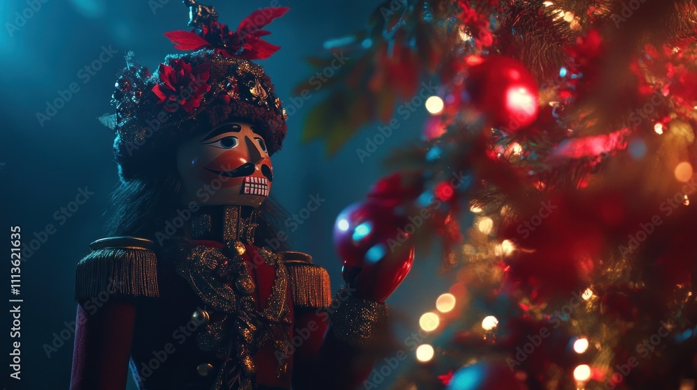 Ornate Nutcracker Figurine Near A Decorated Christmas Tree Ornate Nutcracker Figurine Near A Decorated Christmas Tree