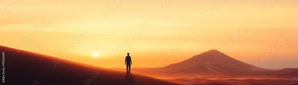 person standing alone in vast desert at sunset, feeling serene person standing alone in vast desert at sunset, feeling serene