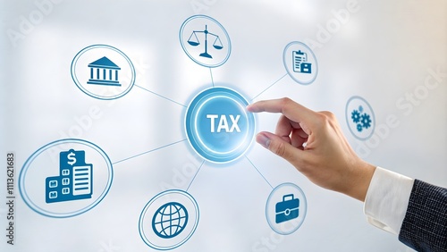 Wallpaper Mural Close-up Concept of Intuitive Tax Filing Process with Interactive Icons Representing Important Tax Elements and Hand Touching Central Tax Button Torontodigital.ca