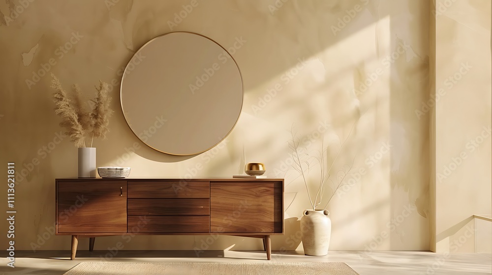 A sleek dresser with a large mirror in a bedroom against a solid beige wall A sleek dresser with a large mirror in a bedroom against a solid beige wall