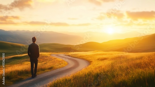person walking on winding path through golden fields at sunset