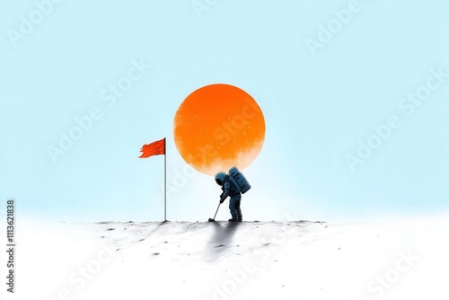 Astronaut planting flag on lunar surface under large sun