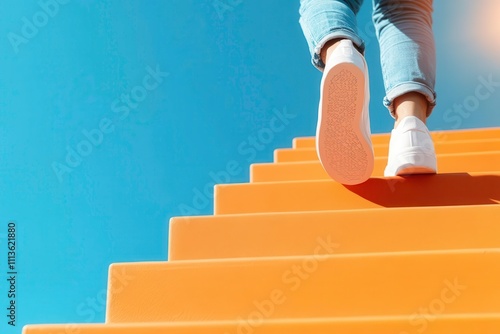 person walking up bright yellow stairs in casual shoes, feeling motivated photo