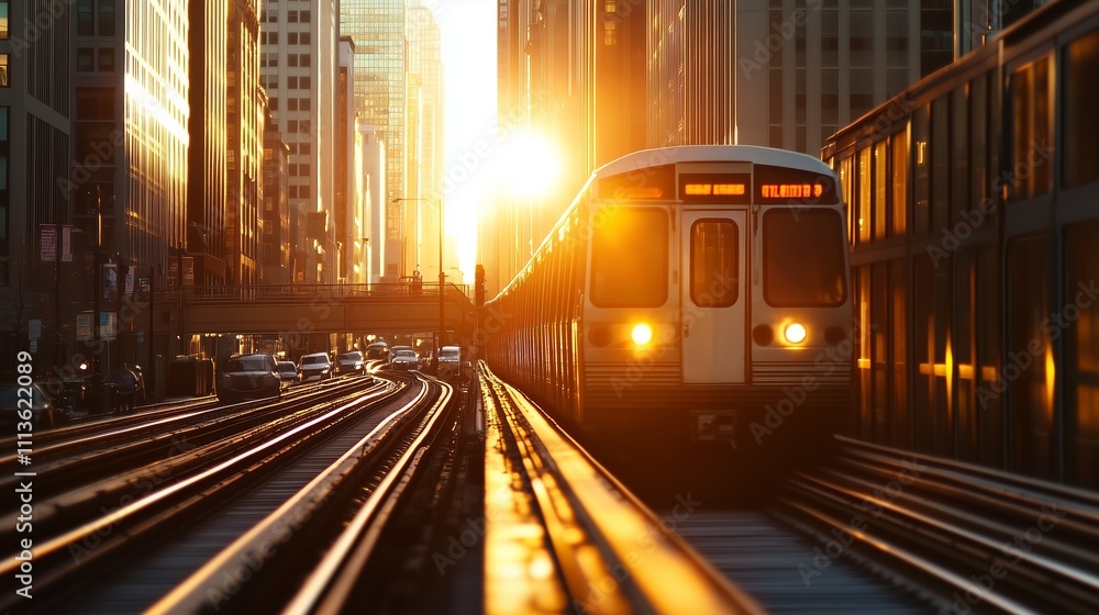 Sunset illuminates urban train traveling through cityscape in evening light Sunset illuminates urban train traveling through cityscape in evening light