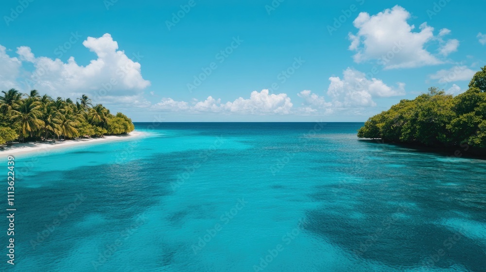 Serene tropical beachside snorkeling adventure in turquoise waters with lush palm trees blue skies and vibrant underwater marine life  A picturesque scene of paradise and bliss