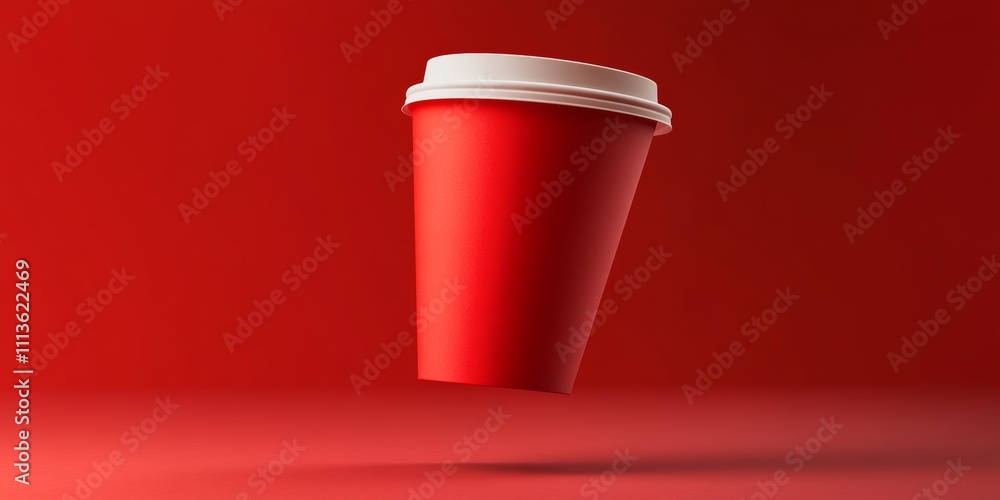 Red cup with a white lid is floating in the air. The cup is upside down and he is in mid-air. The image has a playful and whimsical mood, as if the cup is defying gravity Red cup with a white lid is floating in the air. The cup is upside down and he is in mid-air. The image has a playful and whimsical mood, as if the cup is defying gravity