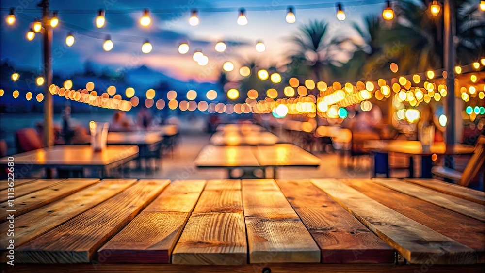 Wooden table with blur beach cafes background and bokeh lights, wooden, table, beach, cafes, background, blur, bokeh lights Wooden table with blur beach cafes background and bokeh lights, wooden, table, beach, cafes, background, blur, bokeh lights
