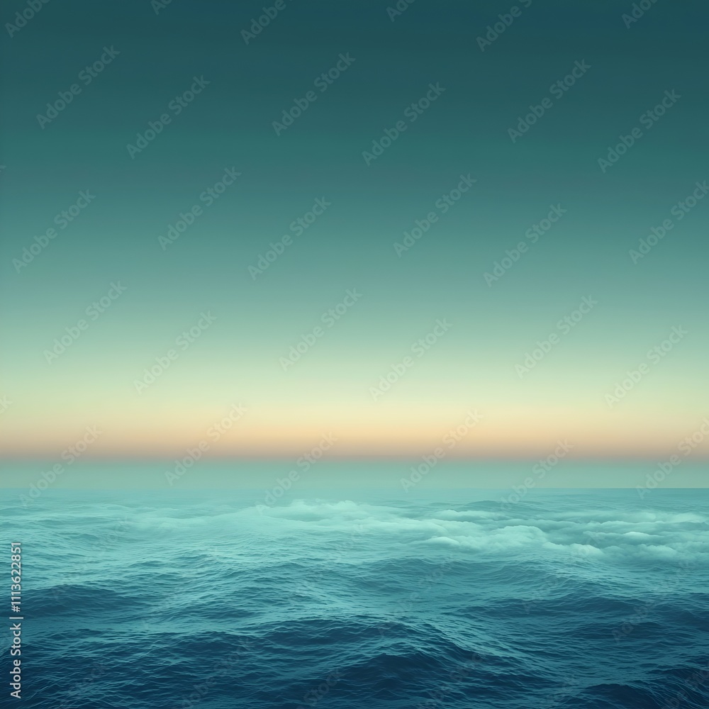 Obraz premium A serene and tranquil view of the ocean at dusk, showcasing gentle waves under a soft gradient sky, with shades of teal and amber meeting at the horizon.